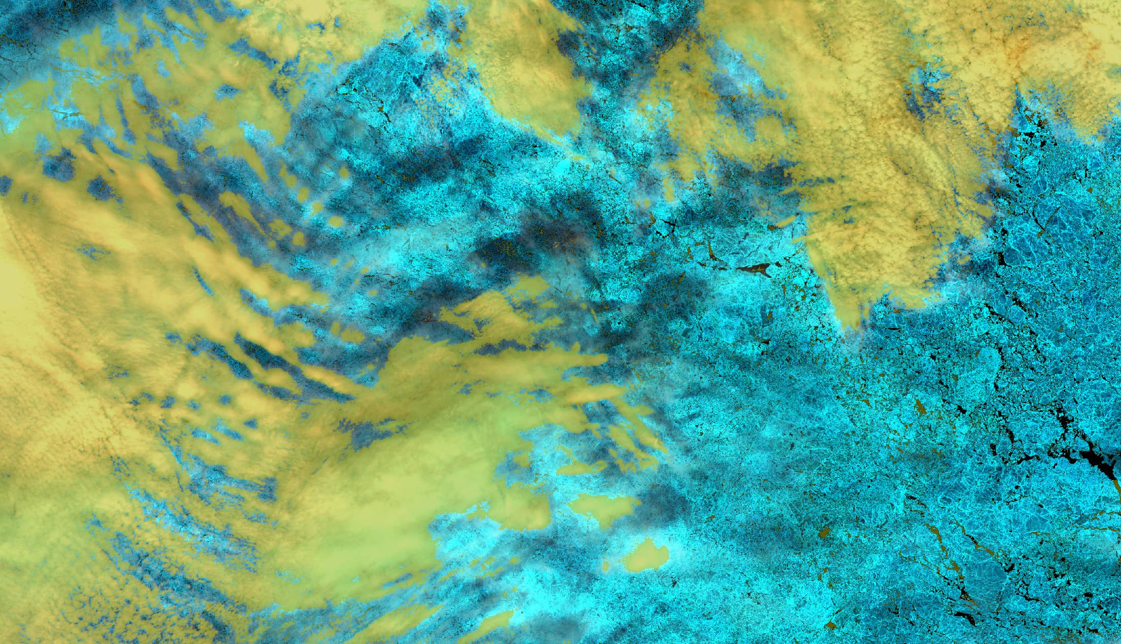 Sentinel-2 MSI false colour image showing semi-transparent clouds (marked yellow) casting shadows over sea ice (appearing blue) in the Kara Sea. Discrimination between clouds and ice- or snow-covered surface is a classic problem of cloud detection.